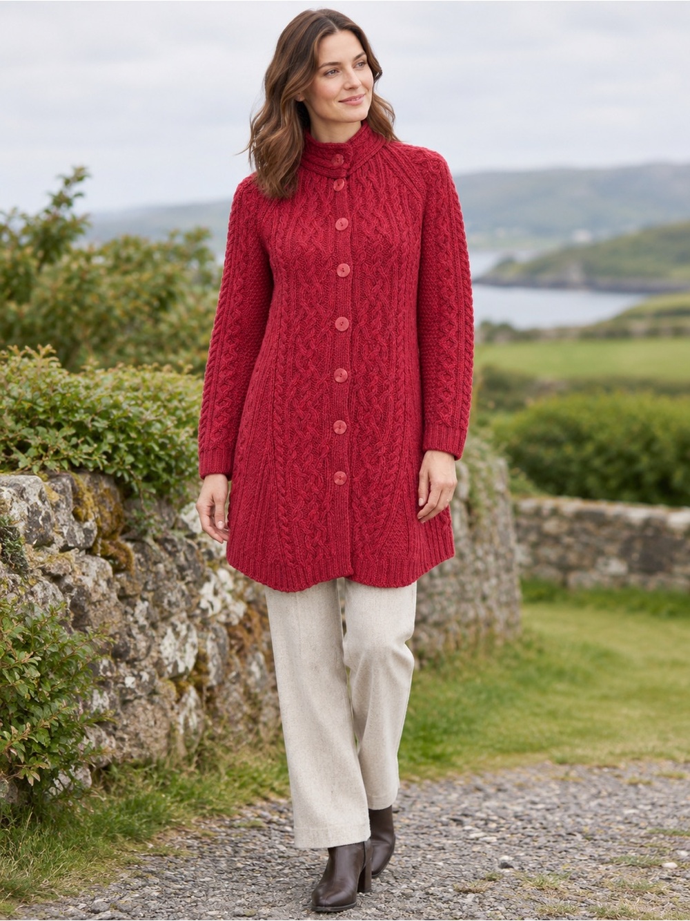 Blarney Woollen Mills Merino Wool Long A-Line Cable Knit Cardigan Medium Red